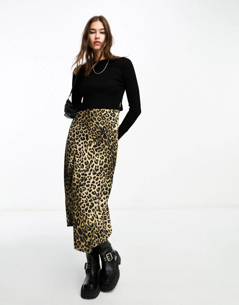 商品ALL SAINTS|AllSaints Hera 2-in-1 leopard midi slip dress and jumper in black,价格¥1402,第1张图片