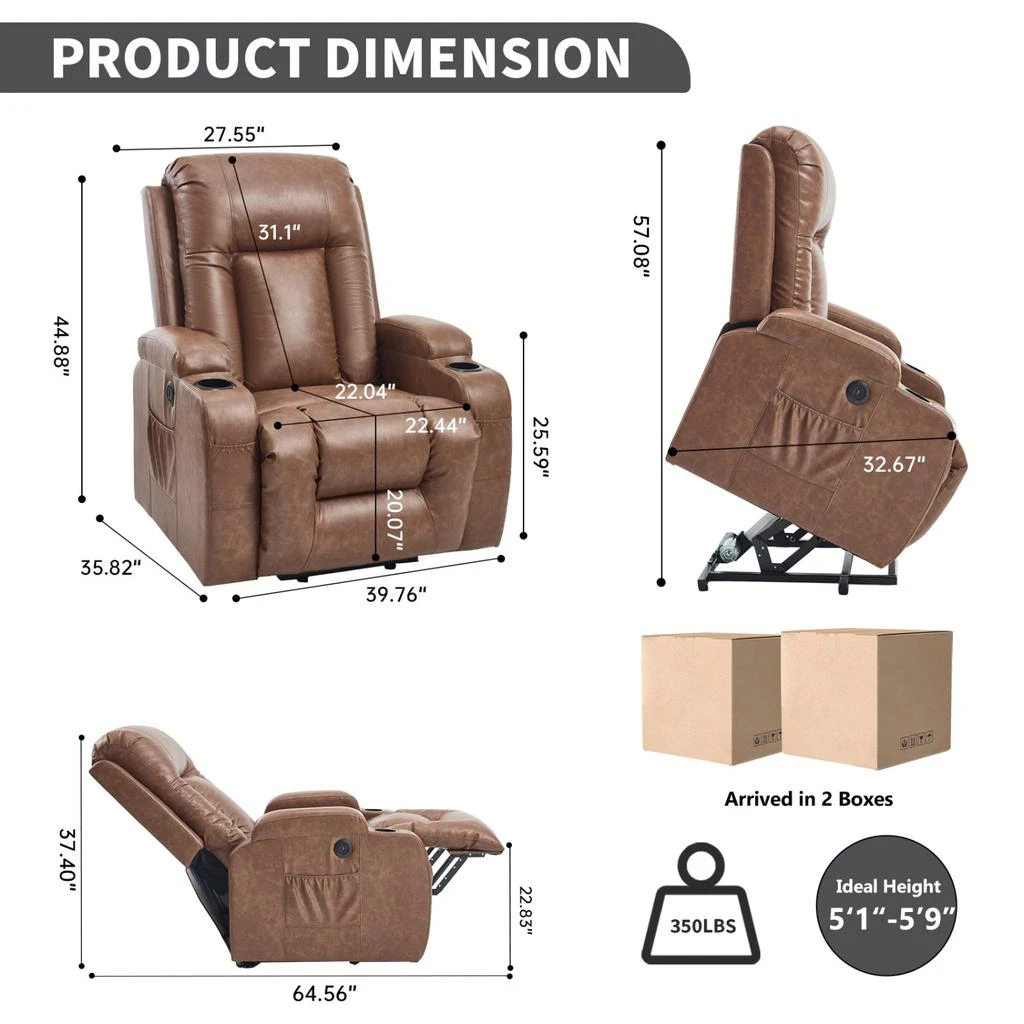 商品Streamdale Furniture|Streamdale Brown Power Lift Recliner Massage Chair with Heat & USB,价格¥4630,第2张图片详细描述