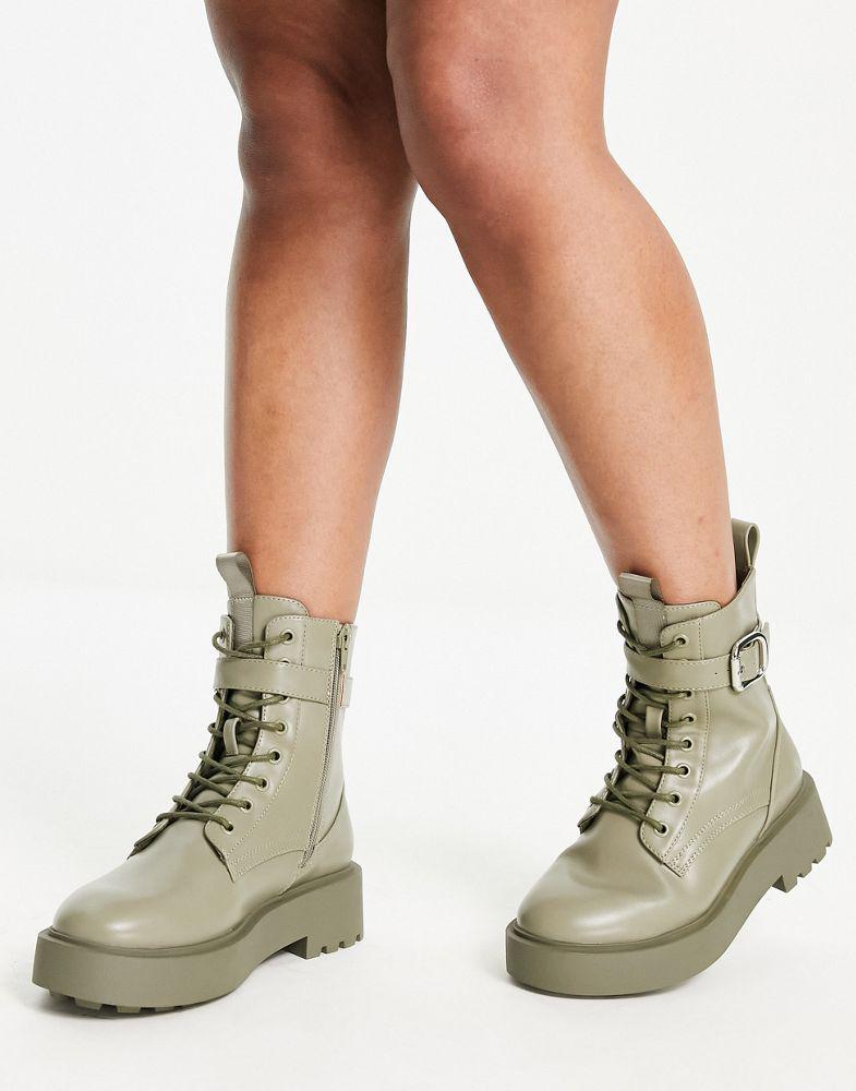 ASOS DESIGN Wide Fit Alix chunky lace up ankle boots in khaki商品第3张图片规格展示