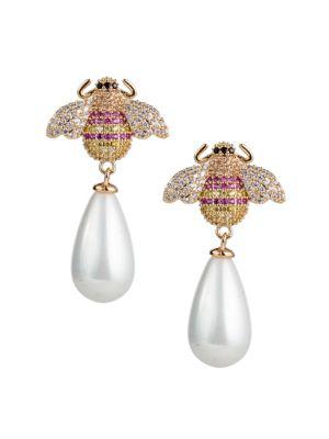 Luxe White Pearl & Crystal Bee Drop Earrings商品第1张图片规格展示