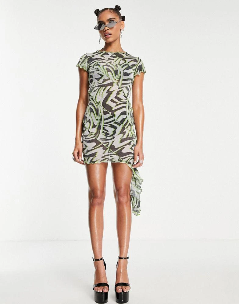 商品AsYou|ASYOU exposed seam asymmetric glitter mesh dress in abstract zebra print,价格¥125,第2张图片详细描述