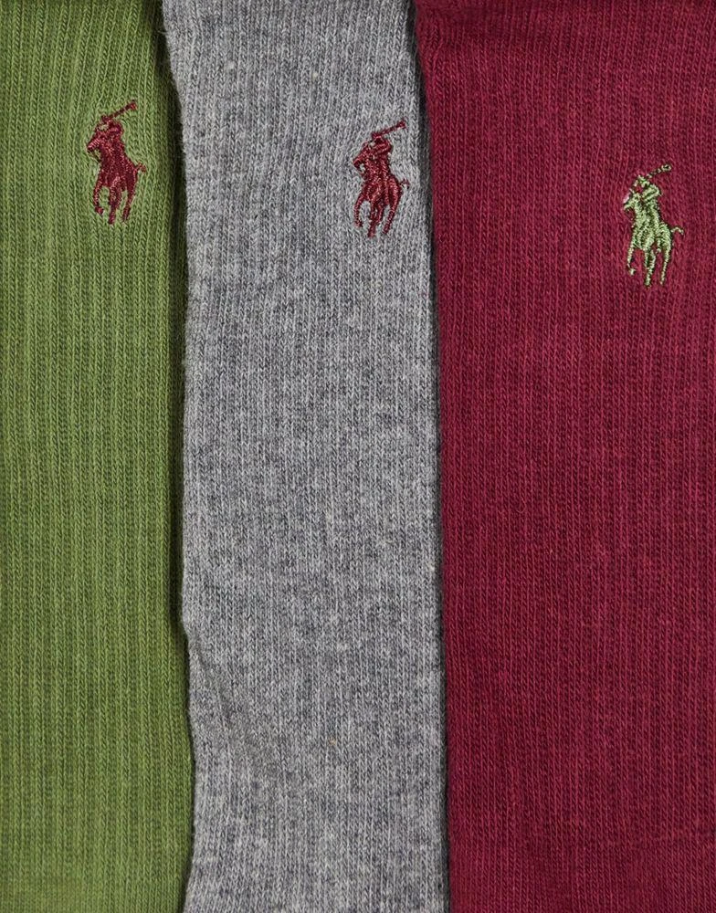 商品Ralph Lauren|Polo Ralph Lauren 3 pack mercerized cotton socks in burgundy, grey and green with logo,价格¥208,第3张图片详细描述