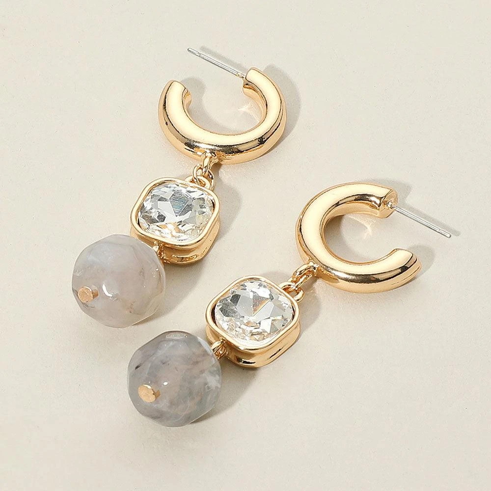 商品FASHNZFAB|Square Crystal Bezel Natural Stone Drop Link Dangle Earrings - Gray,价格¥213,第1张图片
