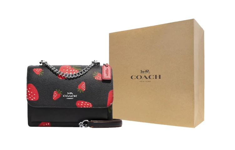 商品[国内直发] Coach|蔻驰 Klare 系列 18 草莓印花链条肩带 皮革 风琴包单肩斜挎包 迷你 女款 黑色,价格¥1183,第6张图片详细描述