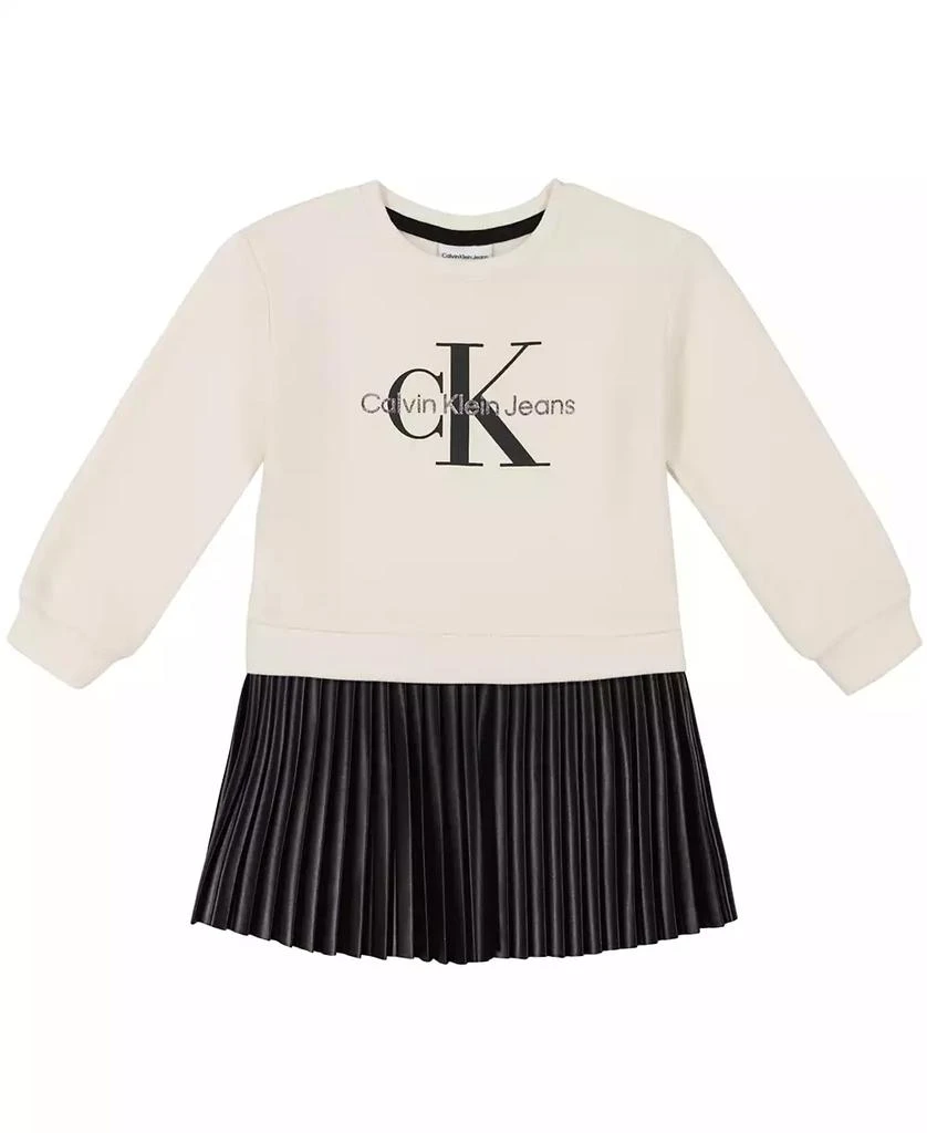 商品Calvin Klein|Toddler and Little Girls Fleece Crewneck-and-Artificial Leather Pleated Skirt dress,价格¥187,第1张图片