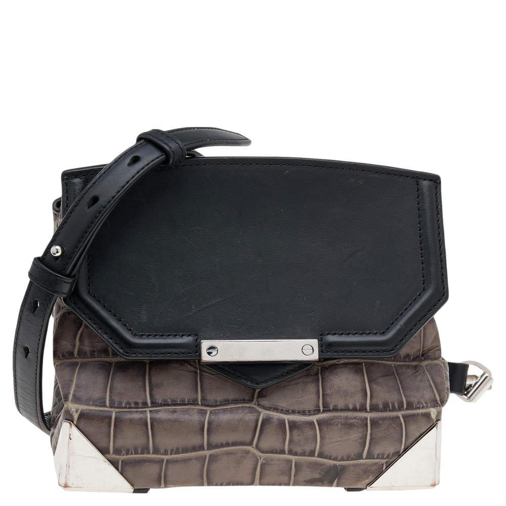 Alexander Wang Grey/Black Croc Embossed Leather Mini Marion Prisma Shoulder Bag商品第1张图片规格展示