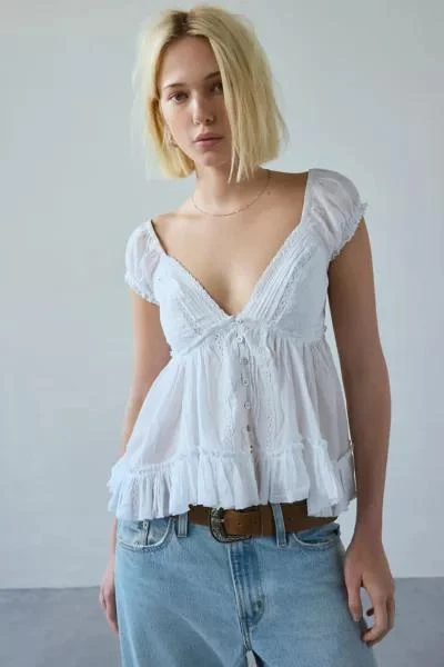 商品Kimchi Blue|Kimchi Blue Izzy Lace Trim Button-Front Babydoll Blouse,价格¥413,第1张图片