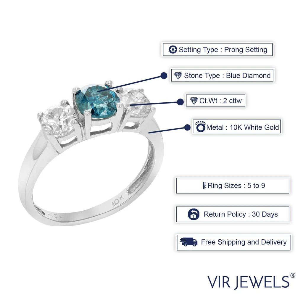 商品Vir Jewels|2 cttw 3 Stone Blue and White Diamond Engagement Ring 10K White Gold,价格¥21633,第5张图片详细描述