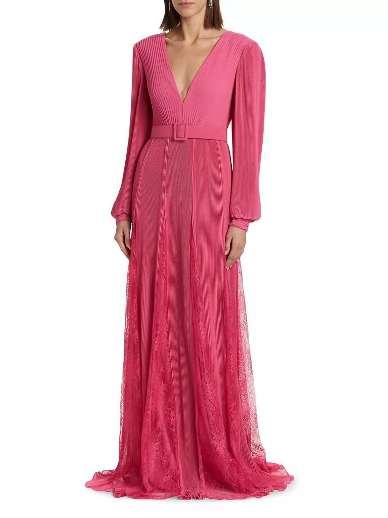 商品Badgley Mischka|Plissé Georgette & Lace Godet Belted Gown,价格¥7418,第3张图片详细描述