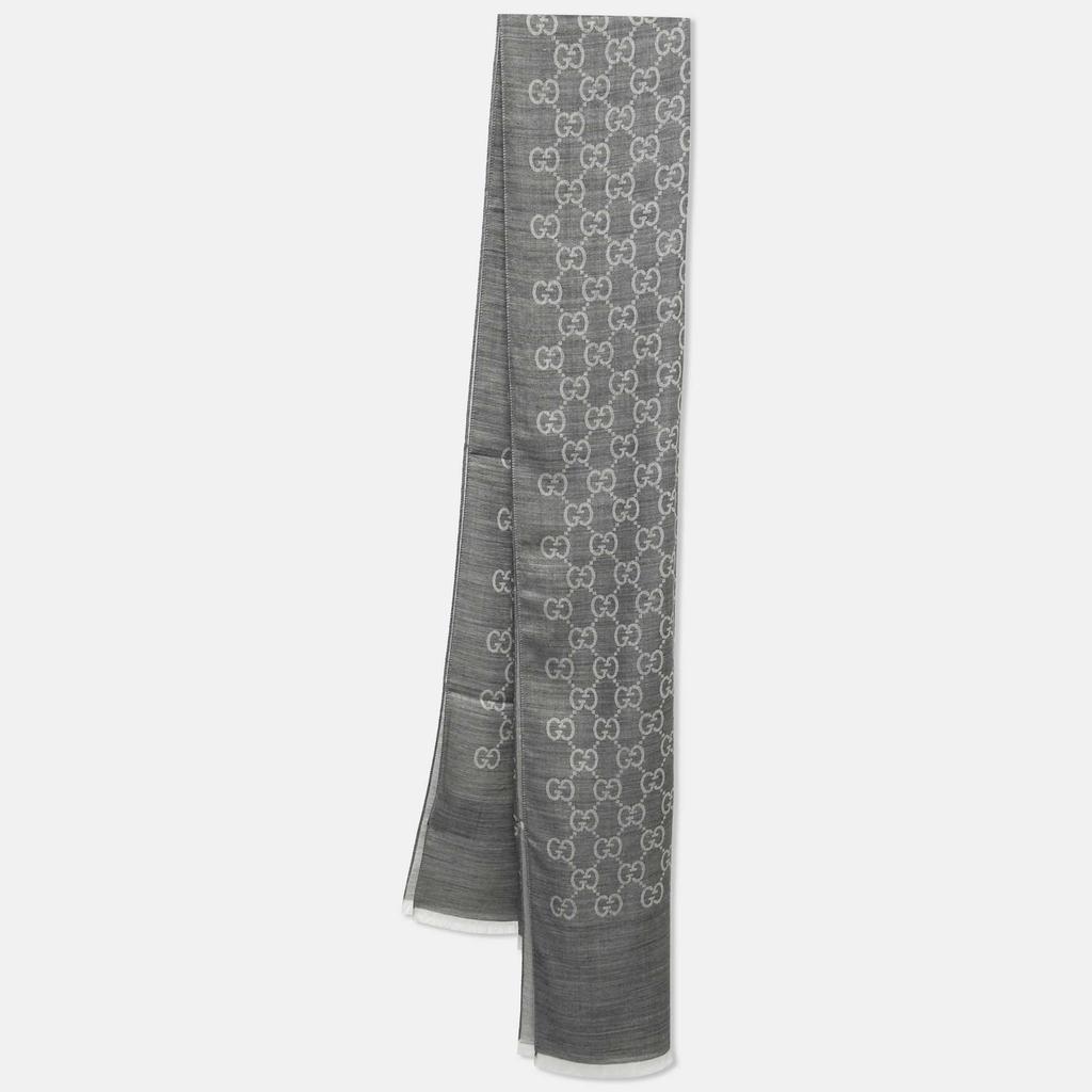 Gucci Grey GG Monogram Wool & Silk Fringed Scarf商品第1张图片规格展示