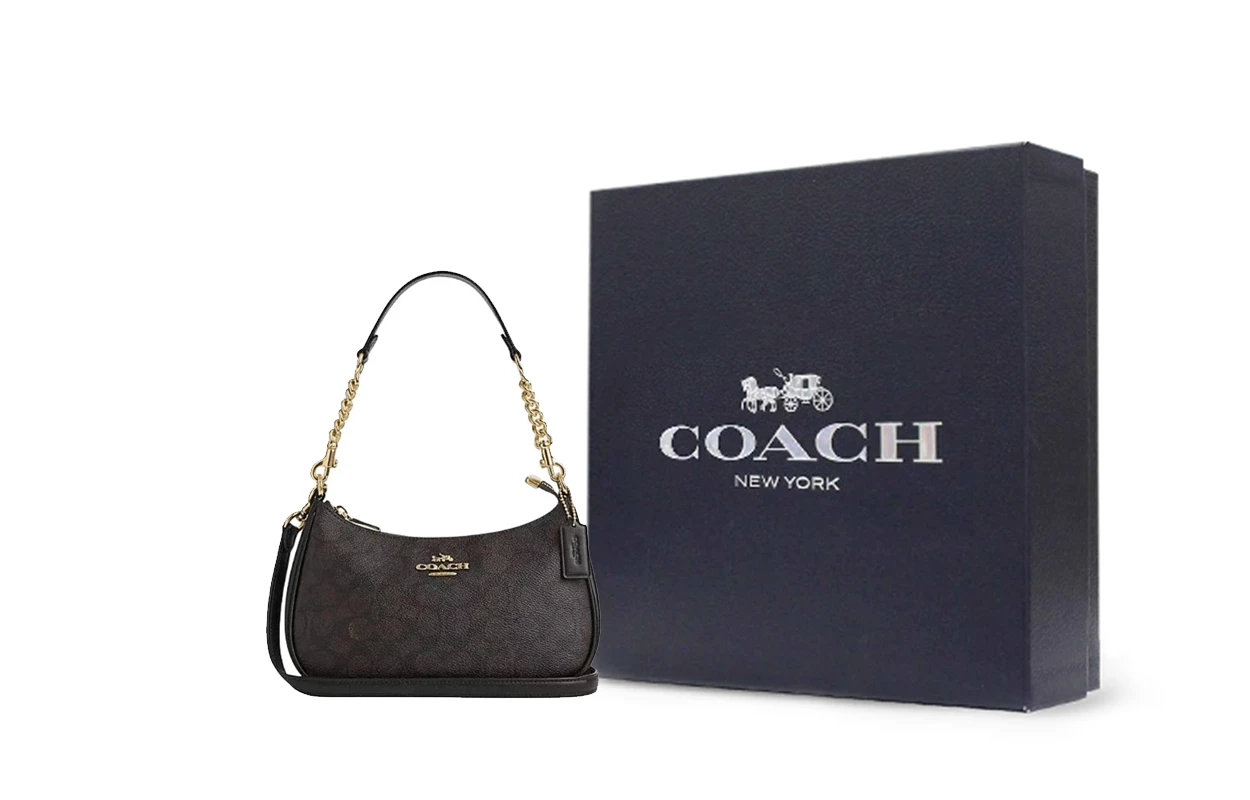商品[国内直发] Coach|蔻驰 Teri 24 经典老花Logo 人造革拼再生革 单肩斜挎手提包 中号 女款 深棕色,价格¥3150,第3张图片详细描述