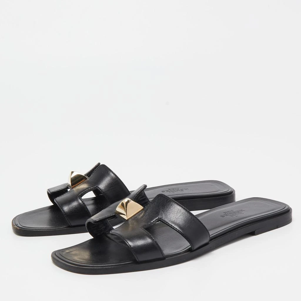 商品[二手商品] Hermes|Hermes Black Leather One Stud Oran Flat Slides Size 36.5,价格¥3355,第2张图片详细描述