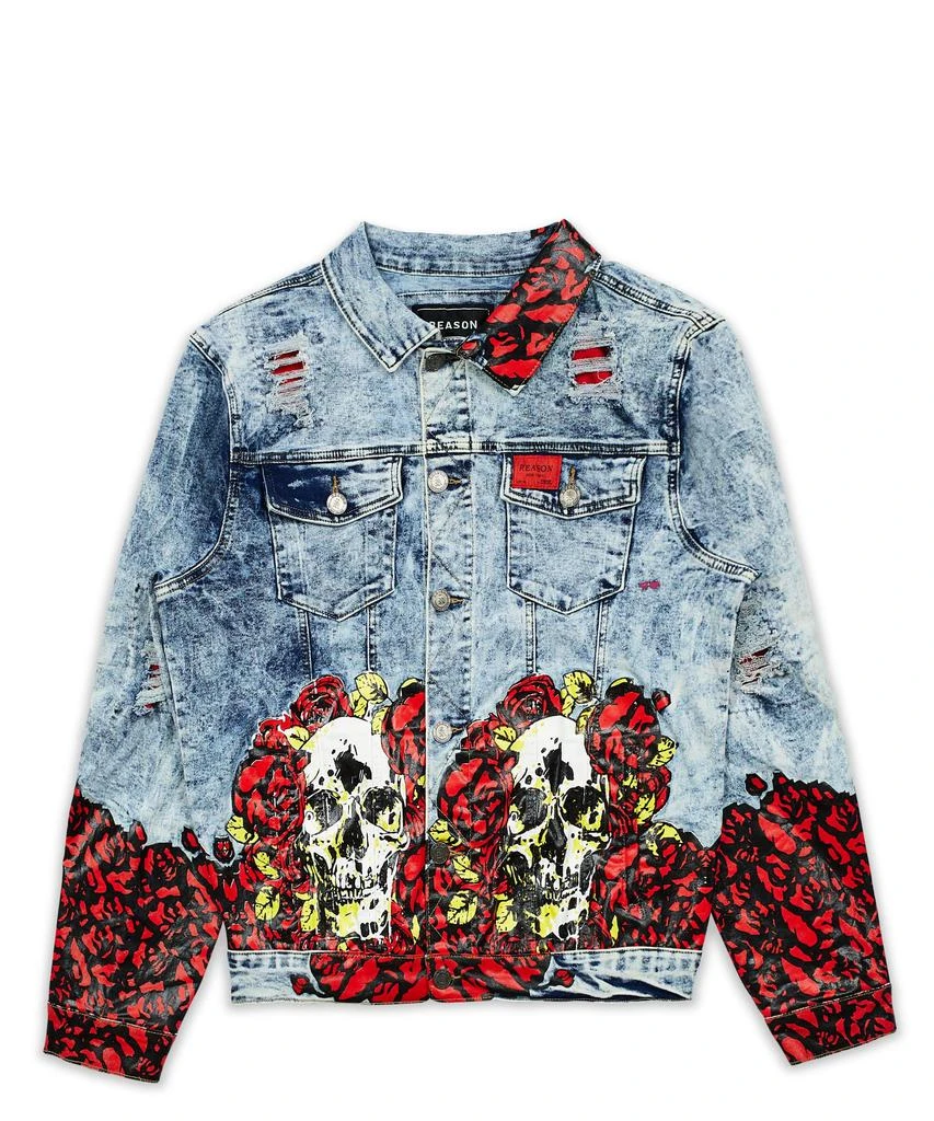 商品Reason Clothing|Skull Rose Acid Wash Denim Jacket With Print,价格¥112,第2张图片详细描述