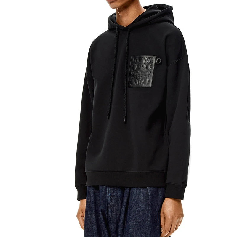 商品Loewe|【预售3-7天】LOEWE/罗意威  男士黑色棉质抓绒Anagram皮革贴片连帽衫卫衣H526Y25J12-1100,价格¥6431,第5张图片详细描述