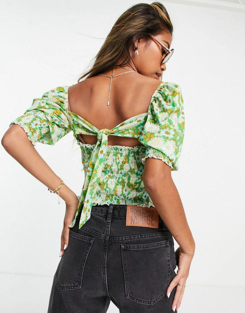 商品Topshop|Topshop 70's bloom puff tie back top in green,价格¥87,第2张图片详细描述