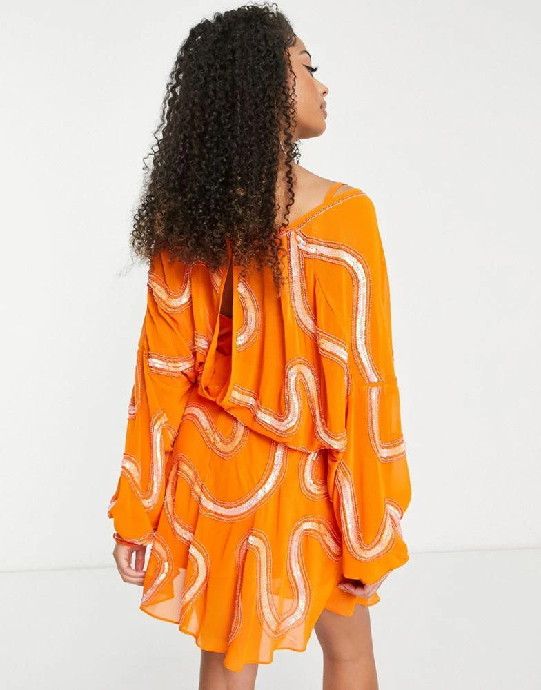 商品ASOS|ASOS DESIGN Tall rouleaux loop tie waist mini dress with swirl embellishment in orange,价格¥579,第2张图片详细描述
