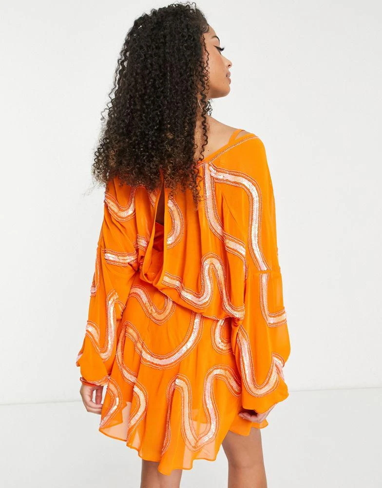 商品ASOS|ASOS DESIGN Tall rouleaux loop tie waist mini dress with swirl embellishment in orange,价格¥291,第2张图片详细描述