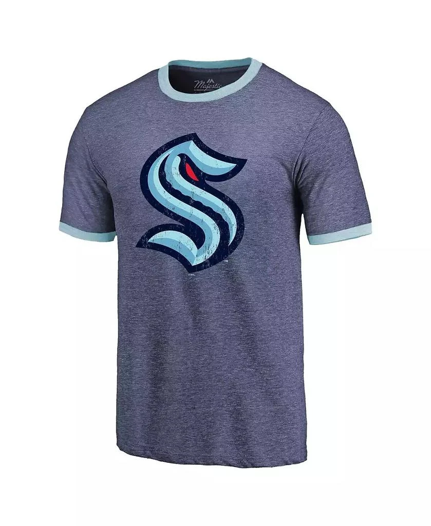 商品Majestic|Men's Threads Heathered Deep Sea Blue Seattle Kraken Ringer Contrast Tri-Blend T-shirt,价格¥290,第2张图片详细描述