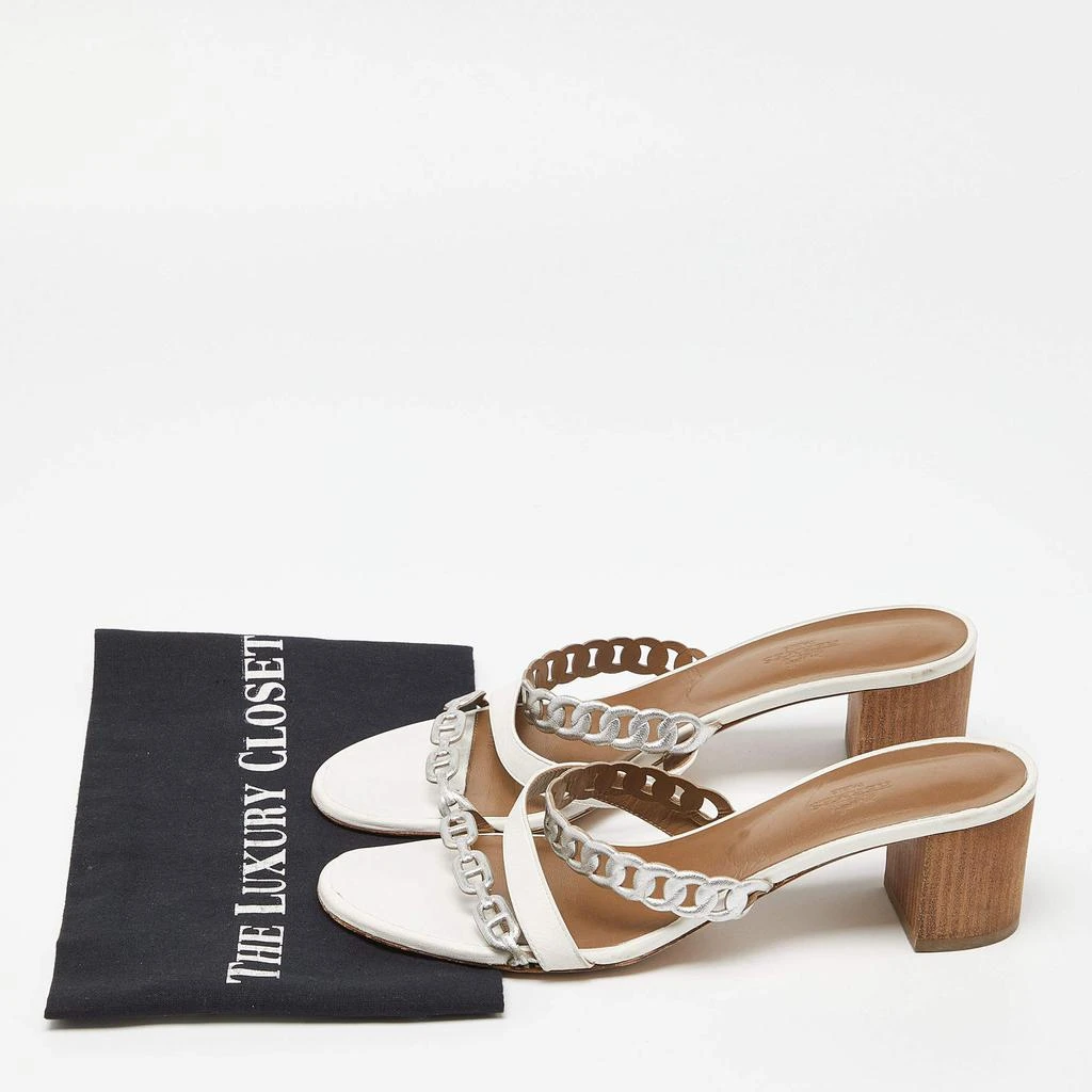 Hermes White/Silver Leather Ajaccio Block Heel Slide Sandals Size 40 商品