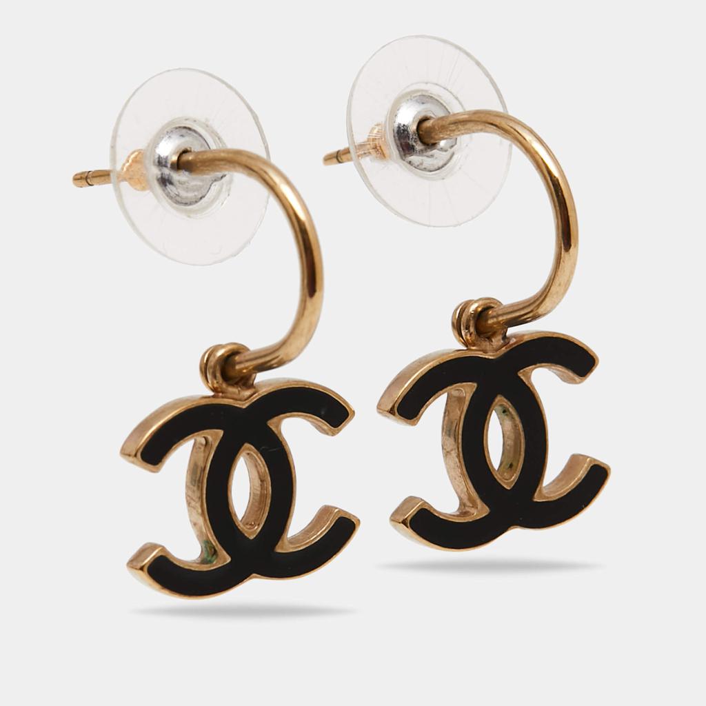 Chanel Gold Tone Black Enamel CC Drop Earrings商品第2张图片规格展示