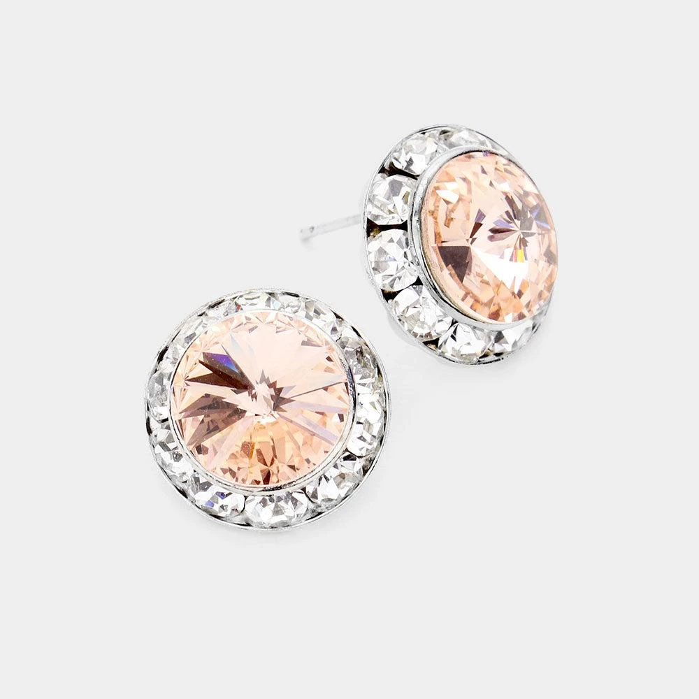 商品FASHNZFAB|Rivoli Cut Genuine Crystal Round Stud Earrings - Peach,价格¥204,第1张图片详细描述