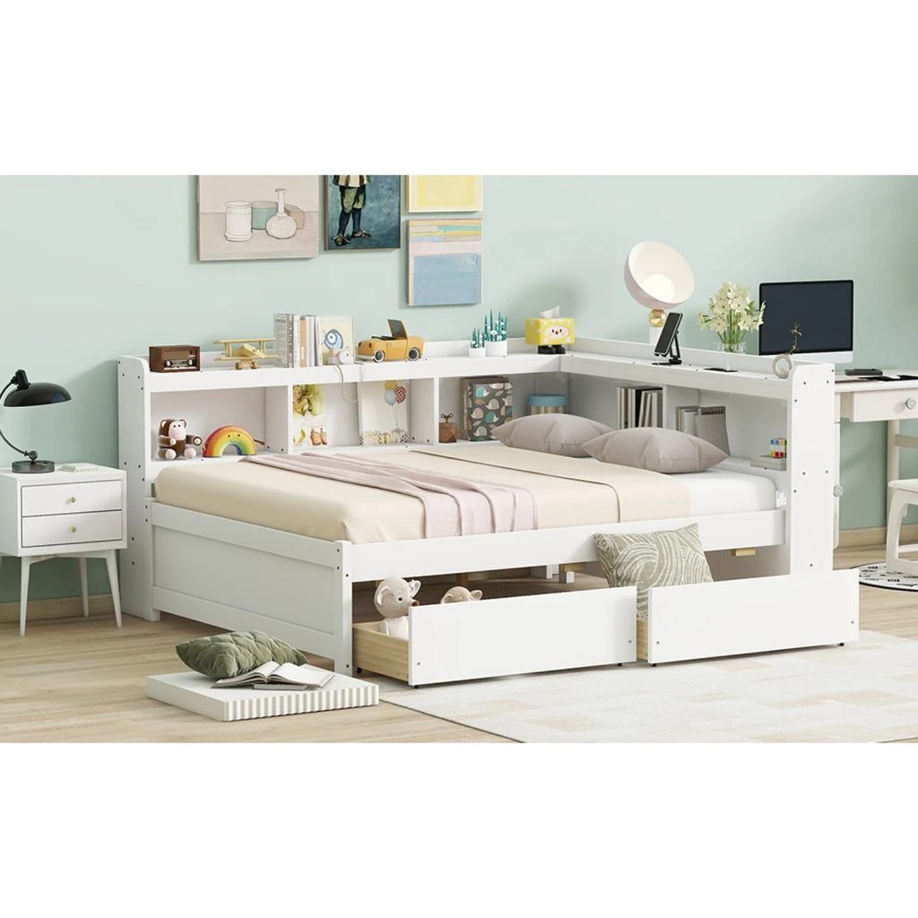 Streamdale L-Shaped Bookcase Bed with Power, USB & Drawers - White 商品