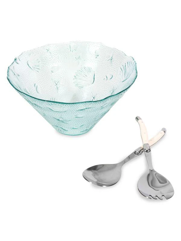商品French Home|3-Piece Recycled Clear Glass Coastal Salad Bowl & Salad Servers,价格¥318,第2张图片详细描述