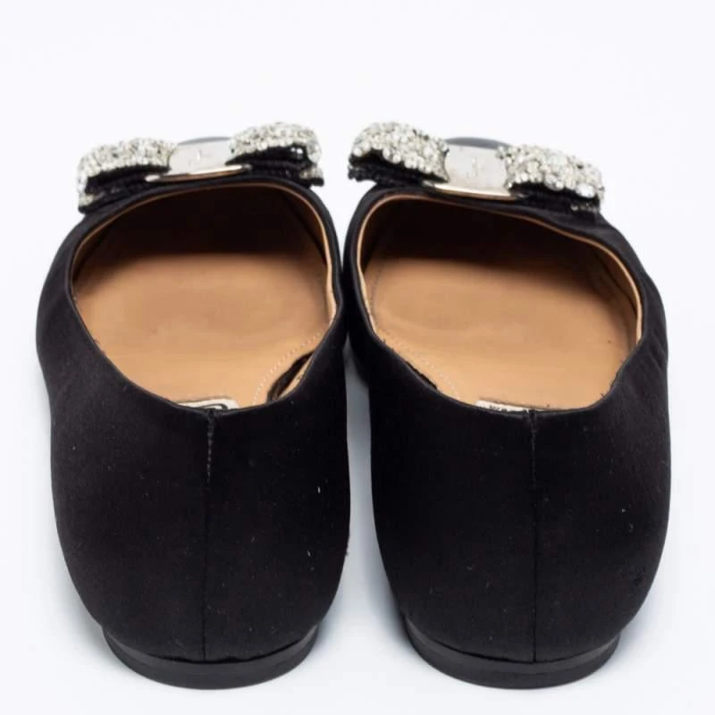 商品[二手商品] Salvatore Ferragamo|Salvatore Ferragamo Black Leather And Satin Crystal Embellished Bow Ballet Flats Size 38,价格¥1106,第5张图片详细描述