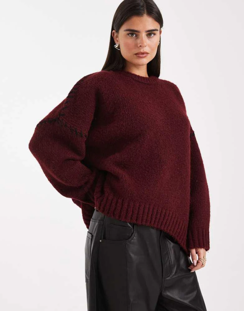 商品ASOS|ASOS DESIGN blanket stitch crew neck jumper in burgundy,价格¥352,第1张图片详细描述