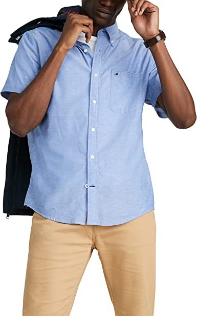 商品[国内直发] Tommy Hilfiger|TOMMY HILFIGER 男士紫色棉质短袖衬衫 78J1737-500,价格¥438,第1张图片