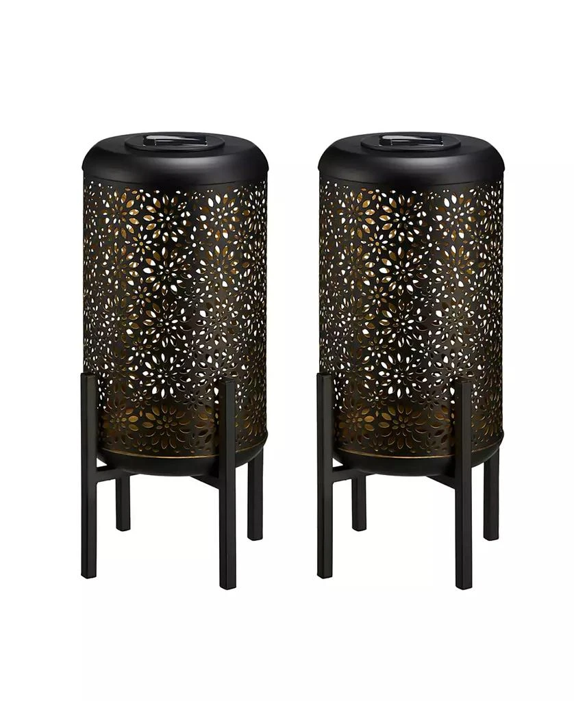 14.25" H Set of 2 Black and Gold-Tone Metal Cutout Flower Pattern Solar Powered LED Outdoor Lantern with Stand 商品