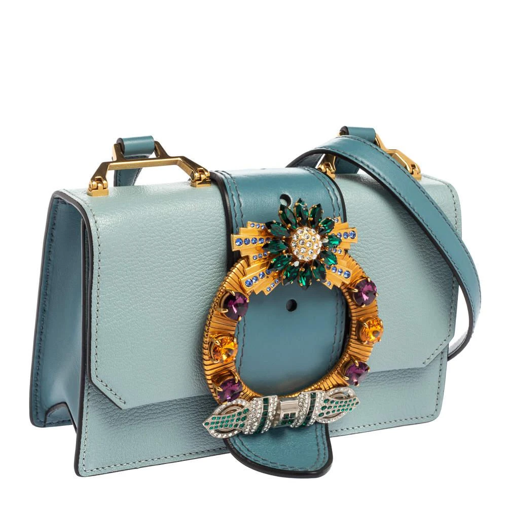 商品[二手商品] Miu Miu|Miu Miu Two Tone Blue Madras Leather Crystal Embellished Buckle Flap Shoulder Bag,价格¥5992,第3张图片详细描�述