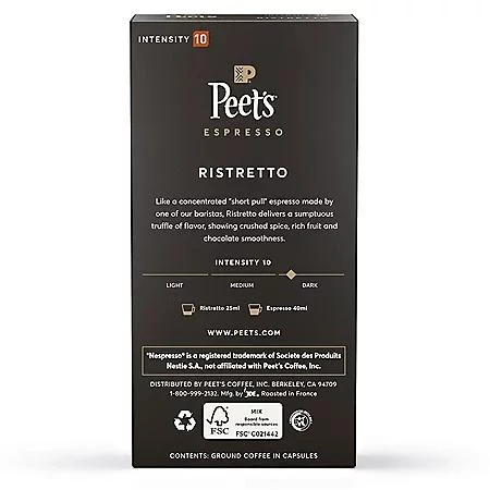 商品Peet's Coffee|Peet's Coffee Ristretto Intensity 10 Dark Roast Pods 50 ct.,价格¥295,第2张图片详细描述