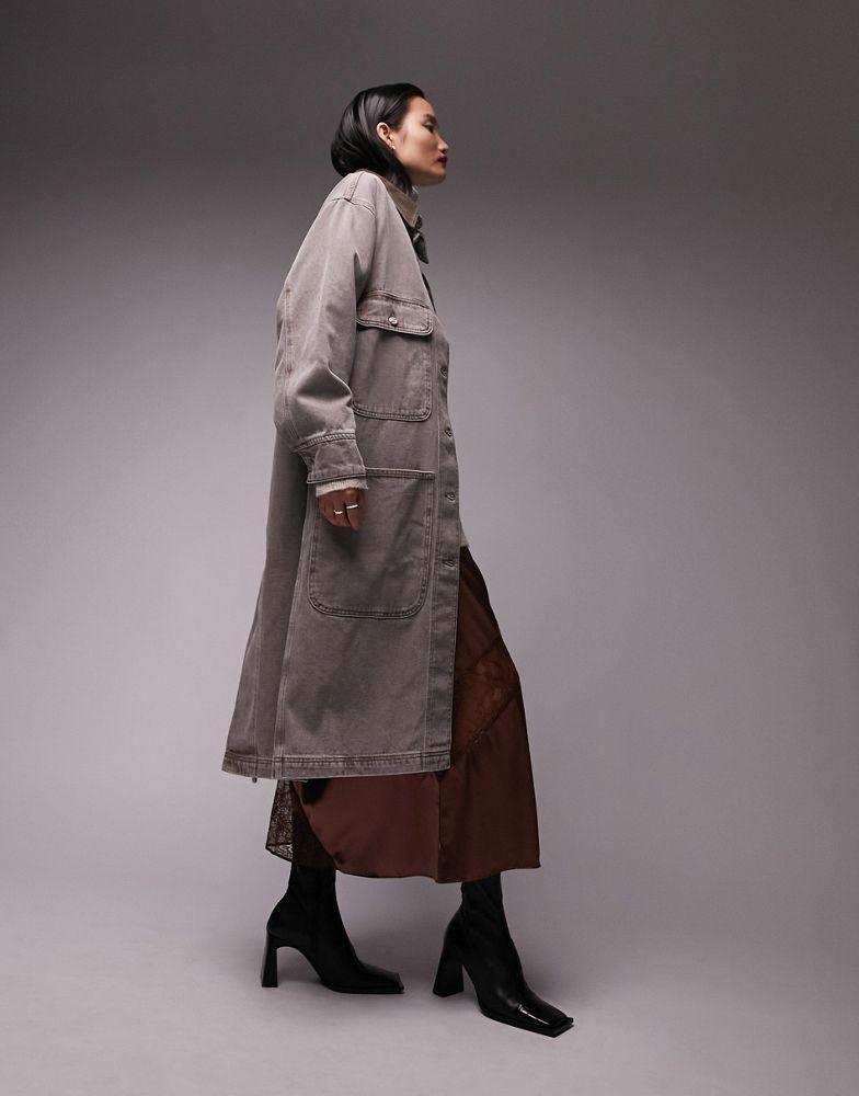 Topshop multi pocket denim duster coat in brown商品第1张图片规格展示