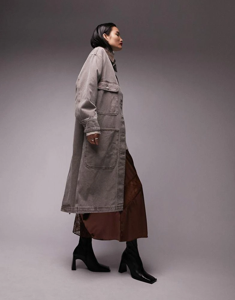 商品Topshop|Topshop multi pocket denim duster coat in brown,价格¥499,第1张图片