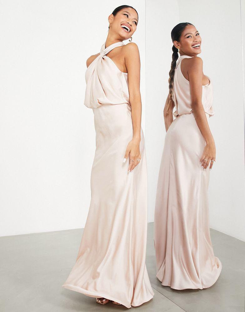 asos edition satin ruched halter neck maxi dress ASOS DESIGN Bridesmaid satin ruched halter neck maxi dress in blush
