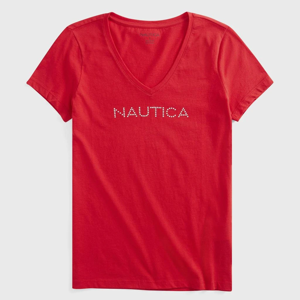 商品Nautica|Nautica Womens Studded Logo V-Neck T-Shirt,价格¥104,第2张图片详细描述