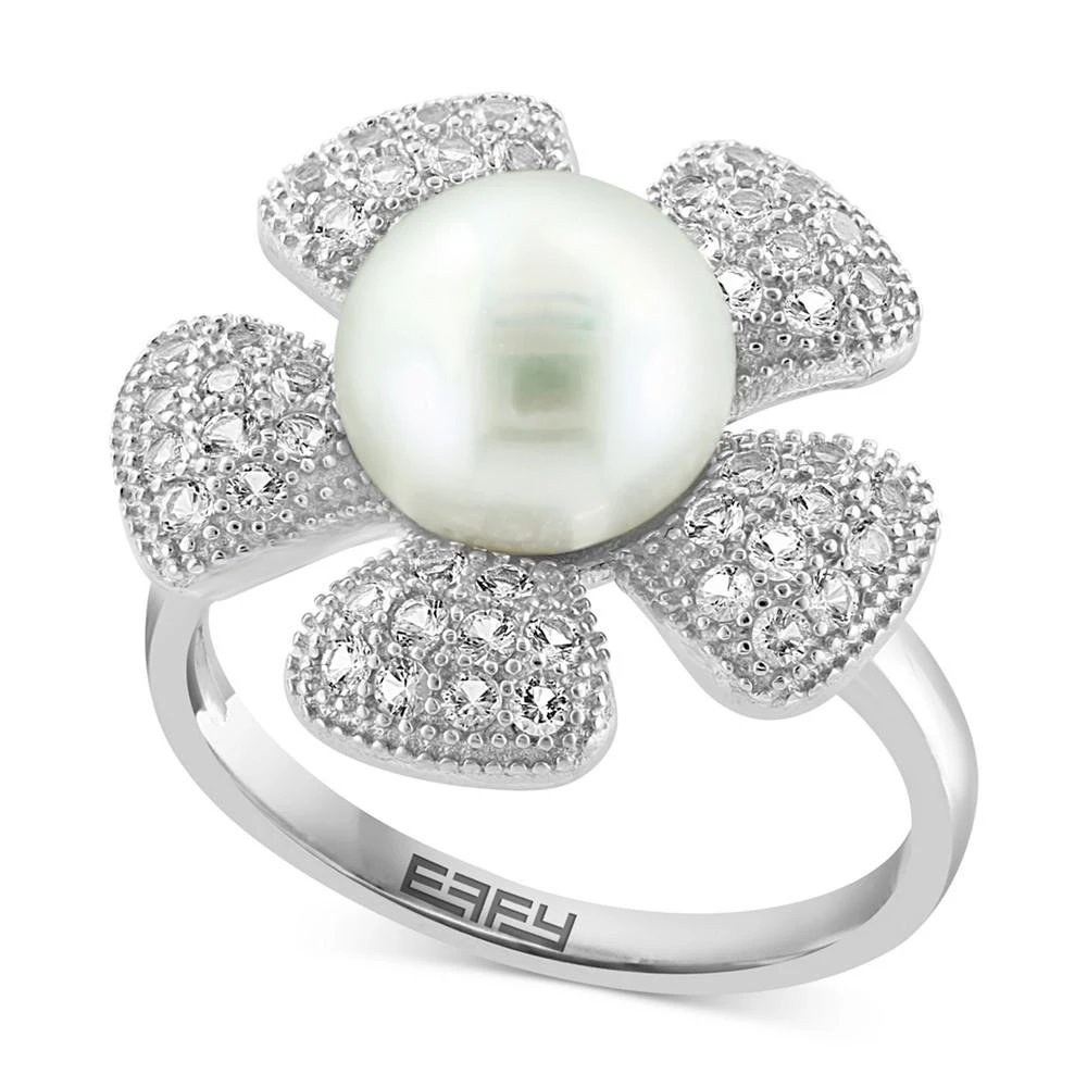 商品Effy|EFFY® Cultured Freshwater Pearl (10mm) & White Topaz (1/2 ct. t.w.) Flower Ring in Sterling Silver,价格¥1043,第1张图片