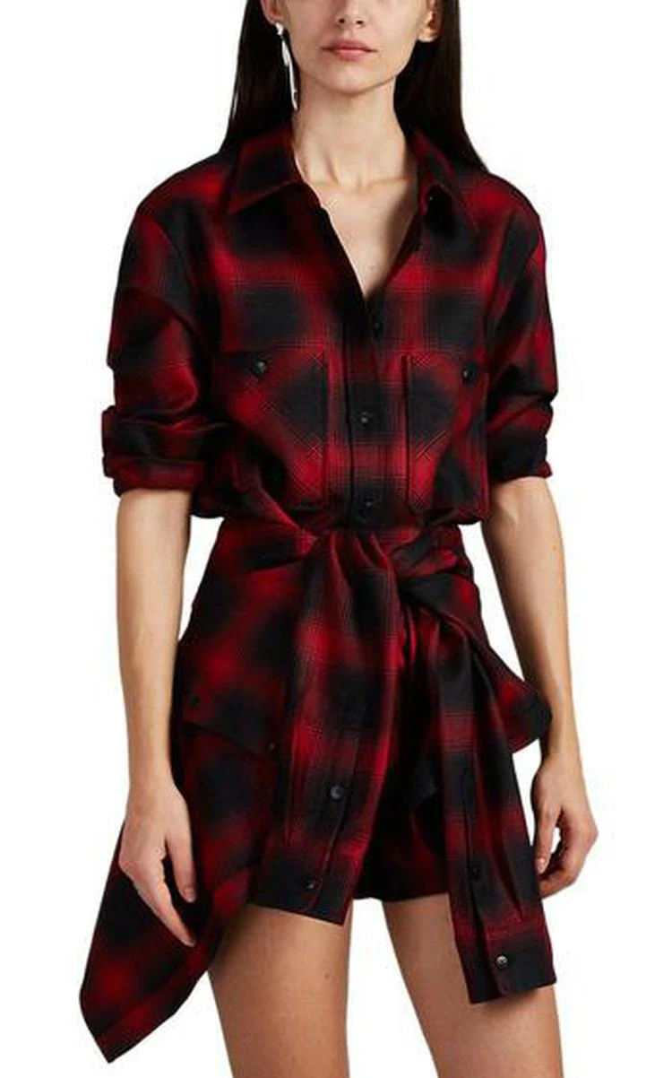 商品Alexander Wang|Plaid Wool Flannel Tie-Front Minidress,价格¥3980,第1张图片