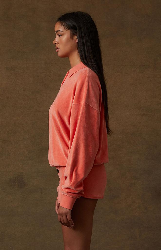 Women's Coral Velour Long Sleeve Polo Sweatshirt商品第3张图片规格展示