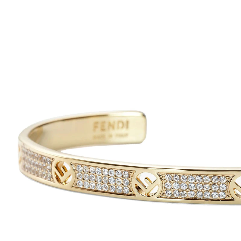 FENDI/芬迪 经典款F Is Fendi系列 金色黄铜镶嵌透明水晶徽标刻印手环手镯 商品