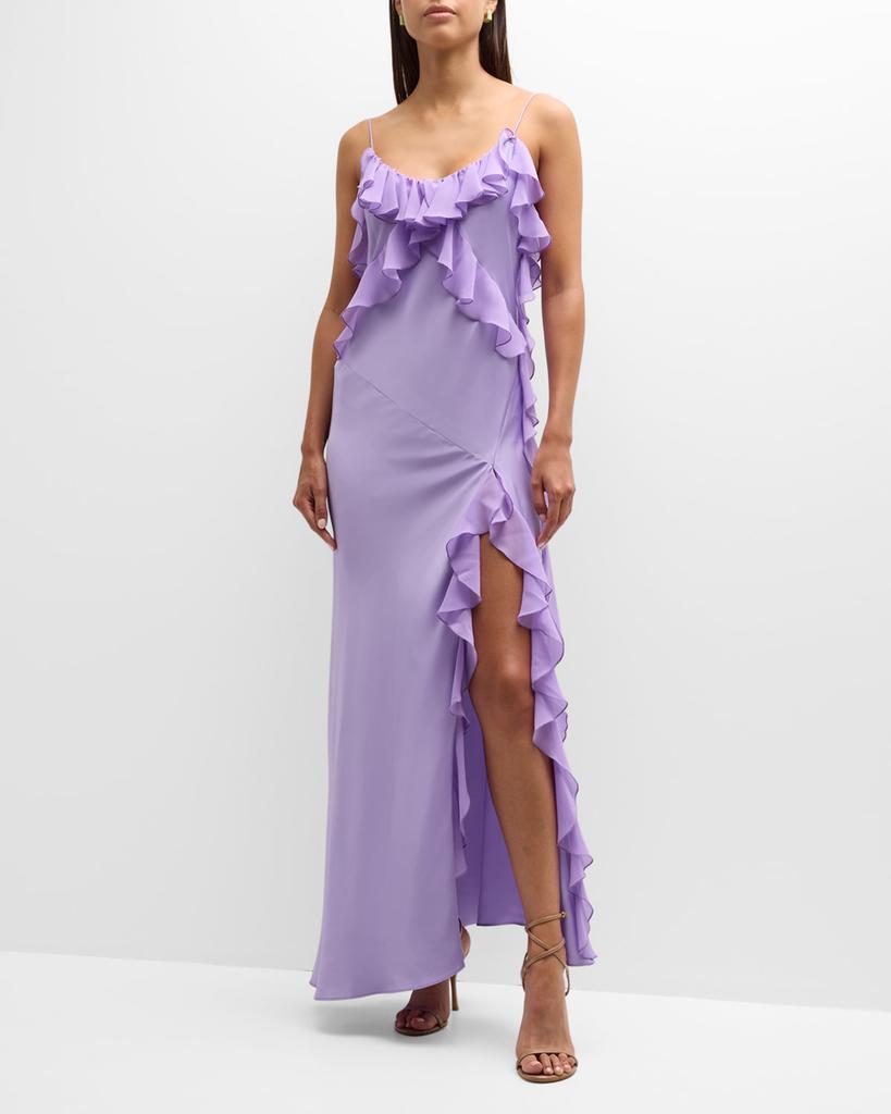 PINKO]Fermione Long Ruffle Satin Slit Dress 弹性纤维, 涤纶价格