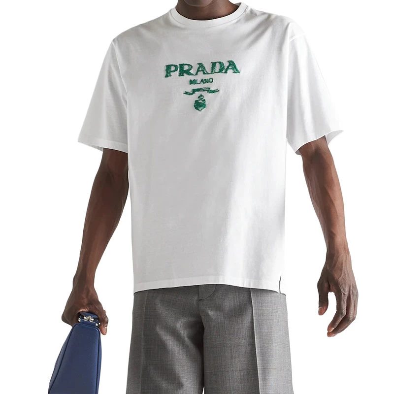 商品Prada|【预售3-7天】PRADA/普拉达 22年春夏 男士白色/翡翠绿色纯棉Logo印花基础廓形短袖T恤UJN815_1070_F0F7Z_S_221,价格¥60666,第4张图片详细描述