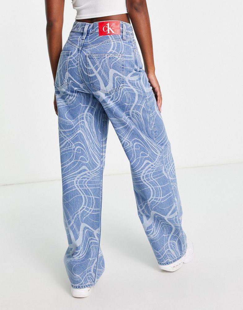 商品Calvin Klein|Calvin Klein Jeans CK1 swirl print high rise relaxed jean in mid wash,价格¥978,第1张图片