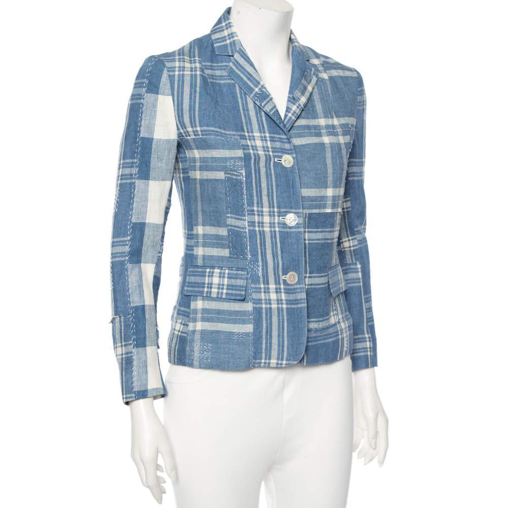 商品[二手商品] Ralph Lauren|Ralph Lauren Blue Checkered Line Patchwork Detail Blazer S,价格¥3754,第4张图片详细描述