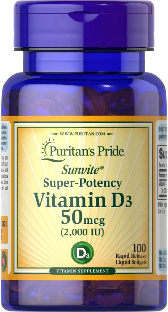 商品Puritan's Pride|Vitamin D3 50 mcg (2000 IU) 100 Softgels,价格¥79-¥157,第1张图片