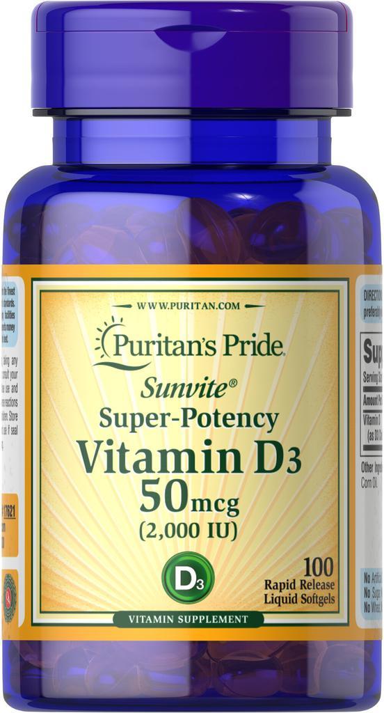 商品Puritan's Pride|Vitamin D3 50 mcg (2000 IU) 100 Softgels,价格¥41-¥82,第1张图片