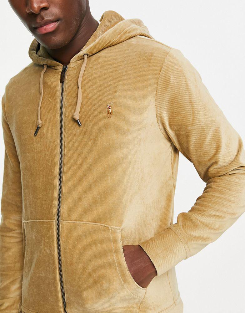 商品Ralph Lauren|Polo Ralph Lauren icon logo cord sweat full zip hoodie in khaki tan,价格¥1463,第4张图片详细描述