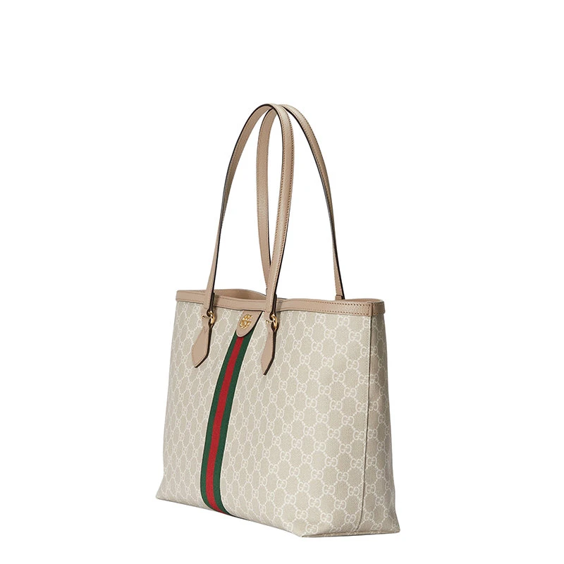 商品Prada|【预售3-7天】GUCCI/古驰 22春夏新款Ophidia系列 女士中号米白色老花帆布皮革滚边红绿织带托特包631685UULAG9682,价格¥12245,第4张图片详细描述