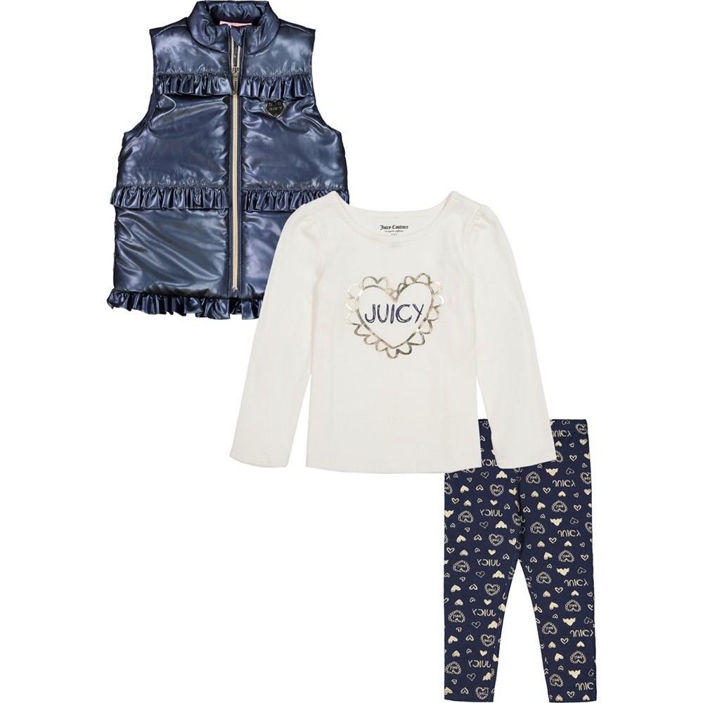 商品Juicy Couture|Little Girls Ruffle-Trim Puffer Vest, Logo T-shirt and Printed Leggings, 3 Piece Set,价格¥232,第1张图片